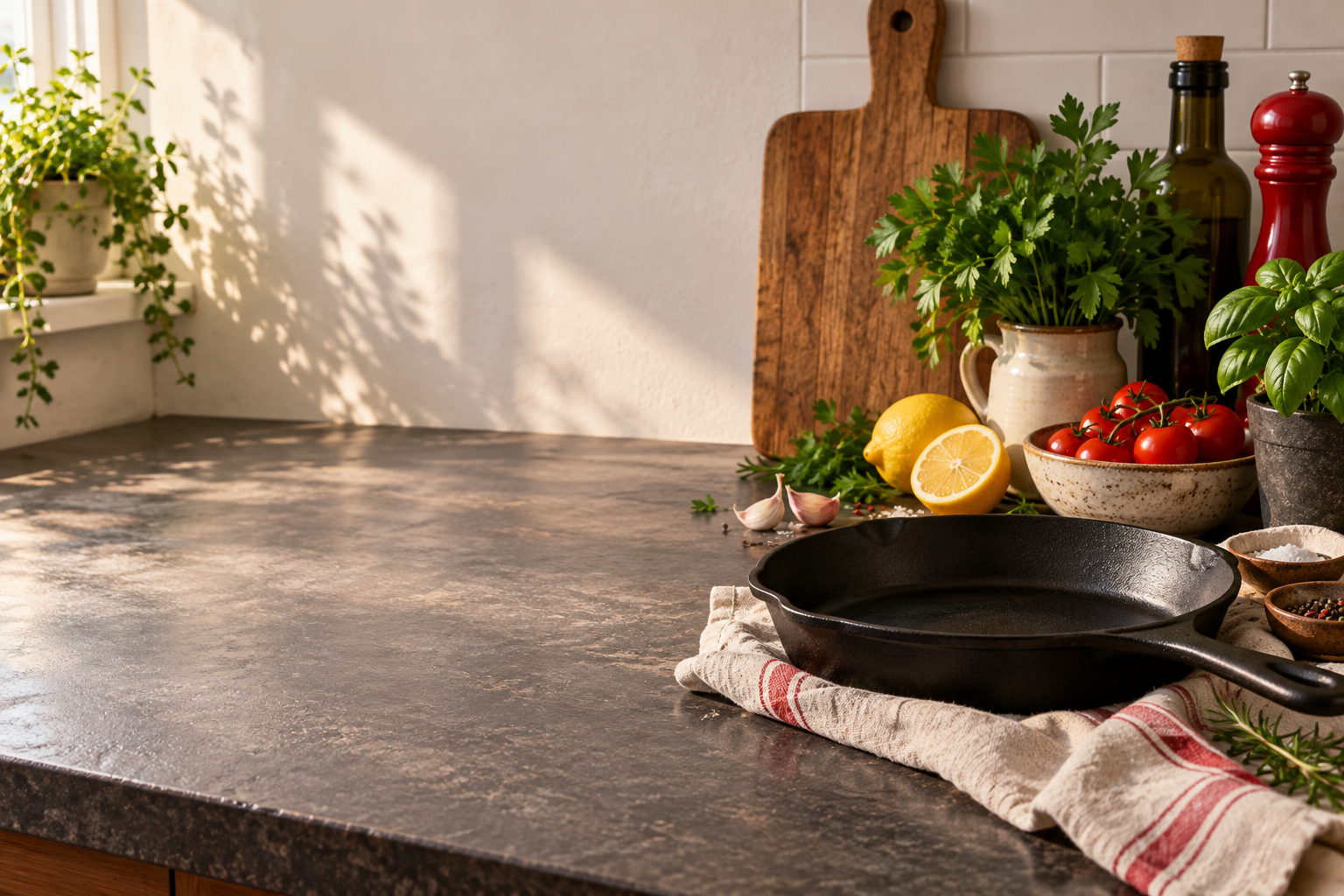 A warmly lit kitchen counter with a skillet, herbs, lemons, and a wooden cutting board
