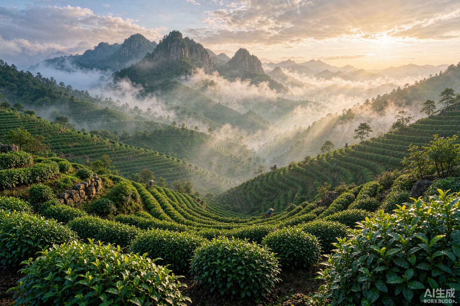 清晨云雾中的大别山茶园