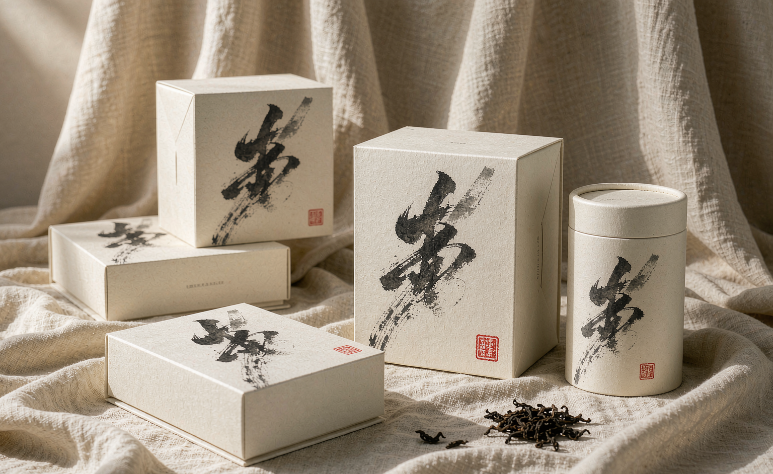 山雾茶事品牌包装设计：米白纸盒与茶罐上的水墨笔触