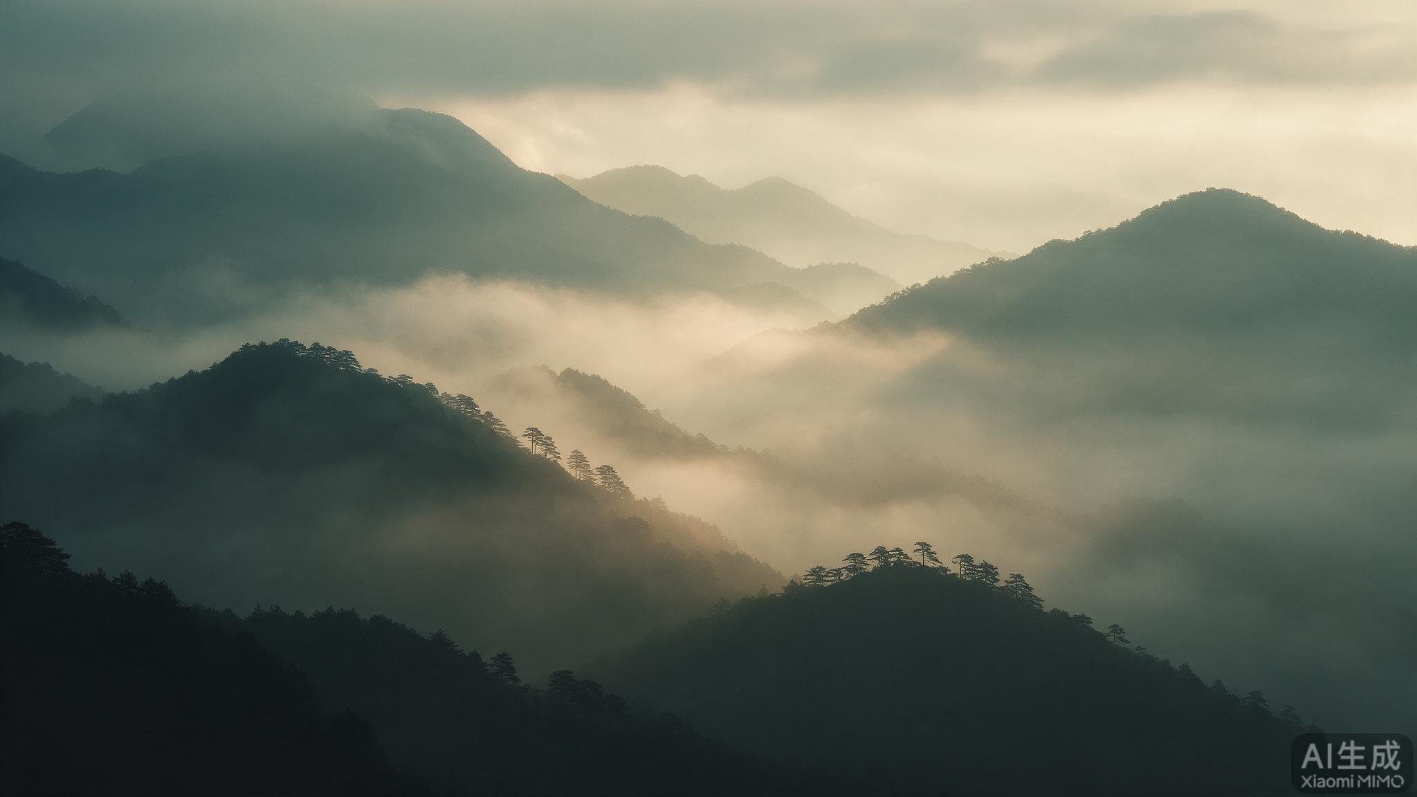 晨雾中的层叠山峦与松枝剪影