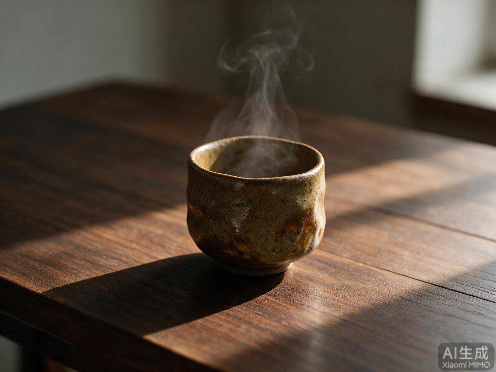 暗色木桌上一盏热茶的水汽