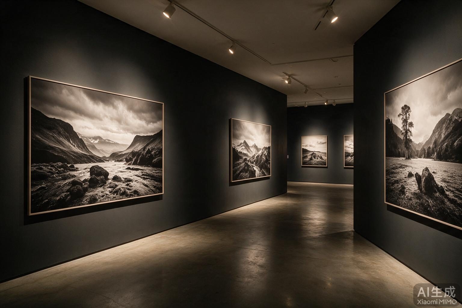 暗色展墙上悬挂的大幅风景摄影作品