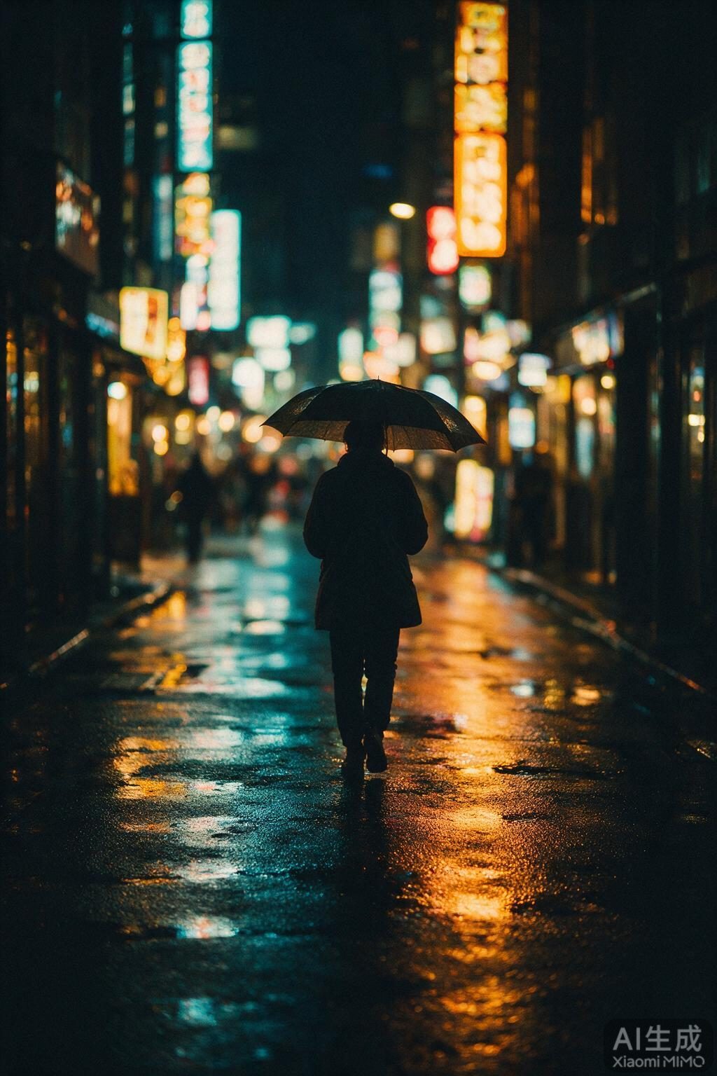 雨夜城市街道，霓虹倒映在湿漉路面