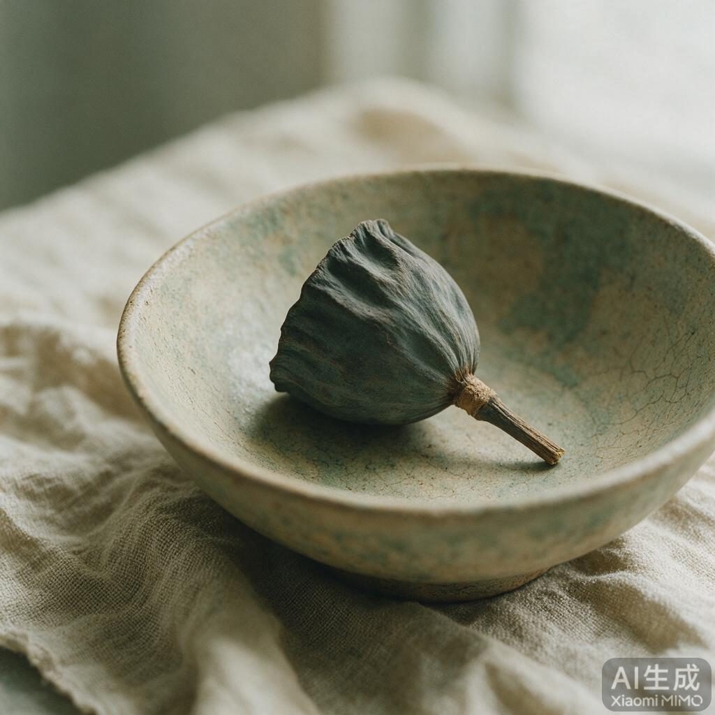 亚麻布上的莲蓬与粗陶碗静物