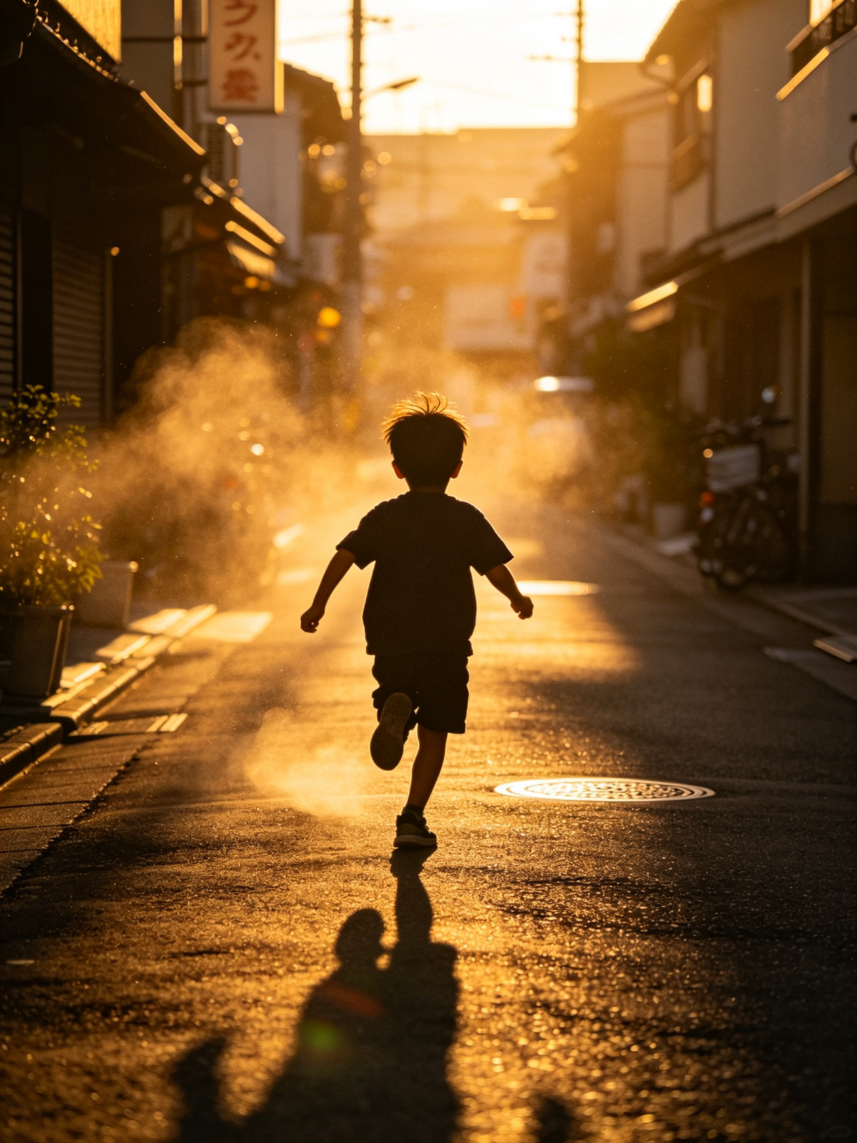 黄昏街道上奔跑的小男孩剪影