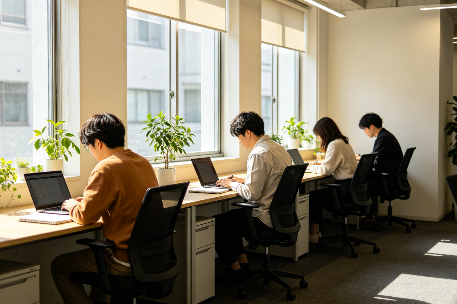 墨记团队在明亮办公空间内专注工作