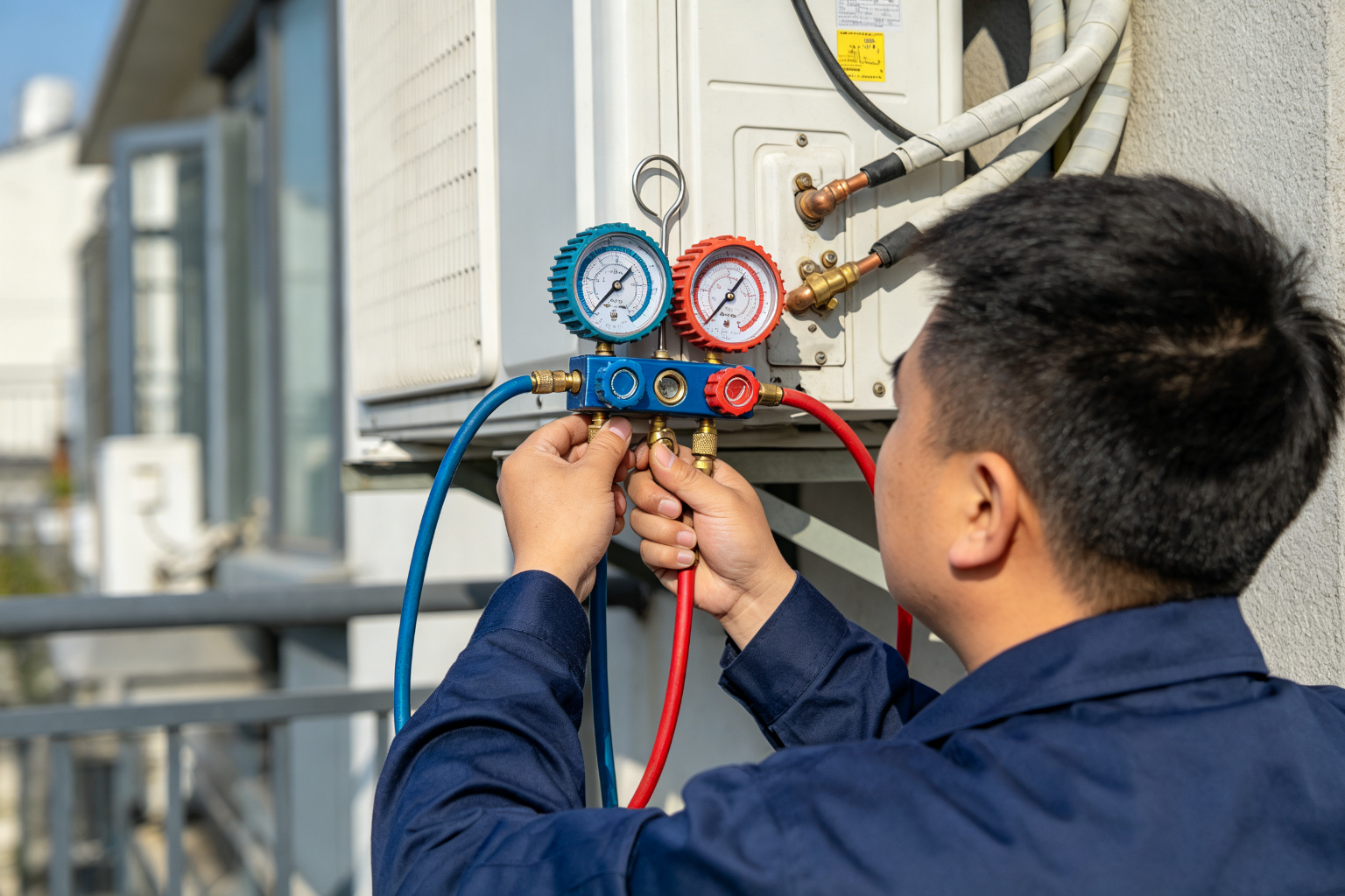 空调加氟：技师连接压力表为外机加注制冷剂