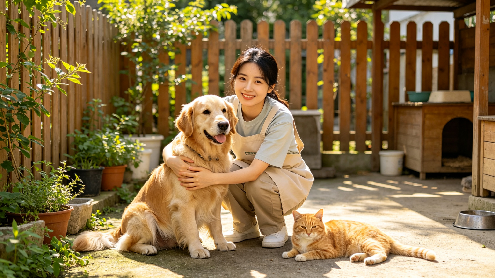 志愿者在救助站小院里怀抱金毛犬，身旁趴着一只橘猫