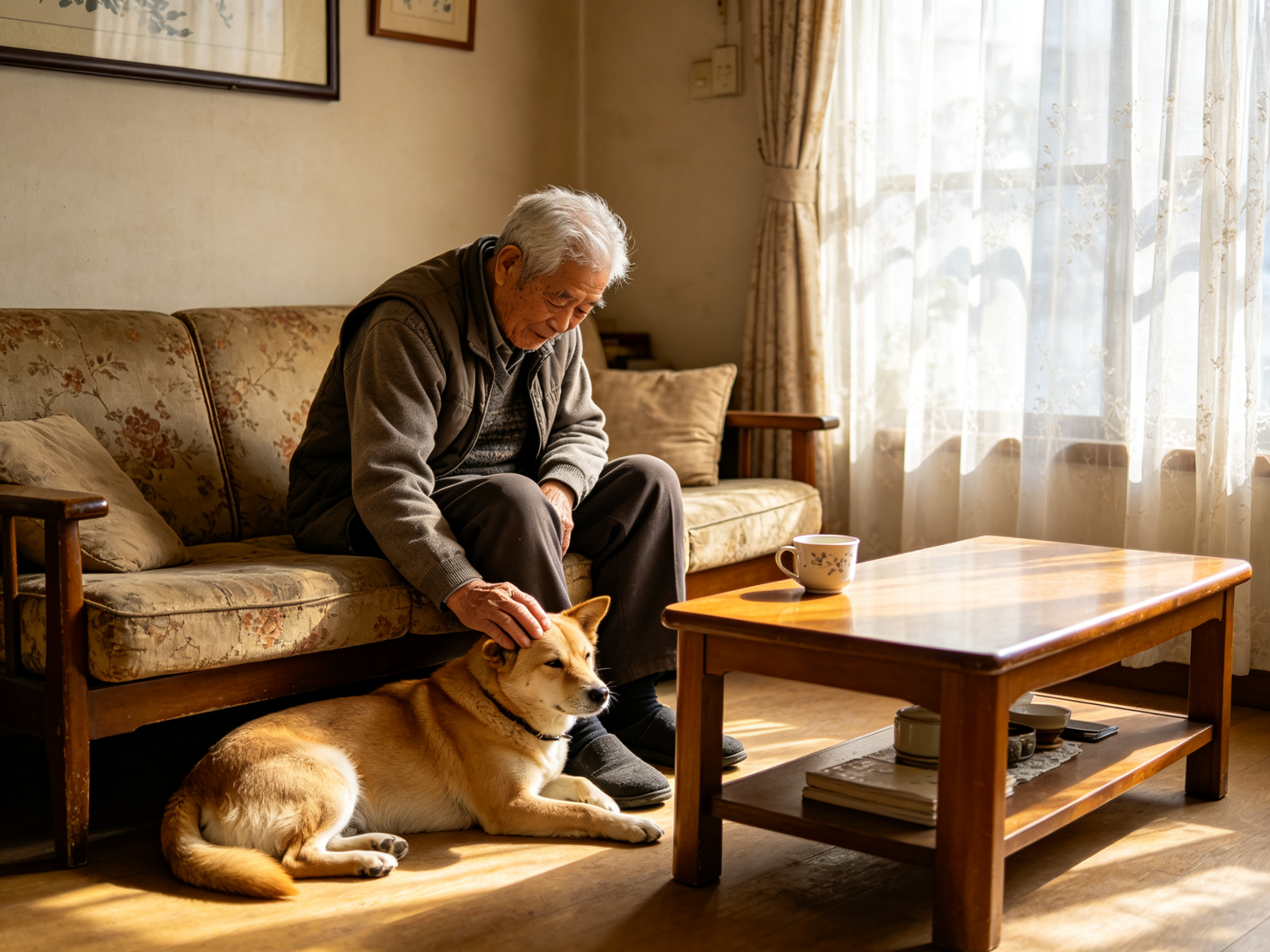 退休老人与领养的田园犬在家中共度时光