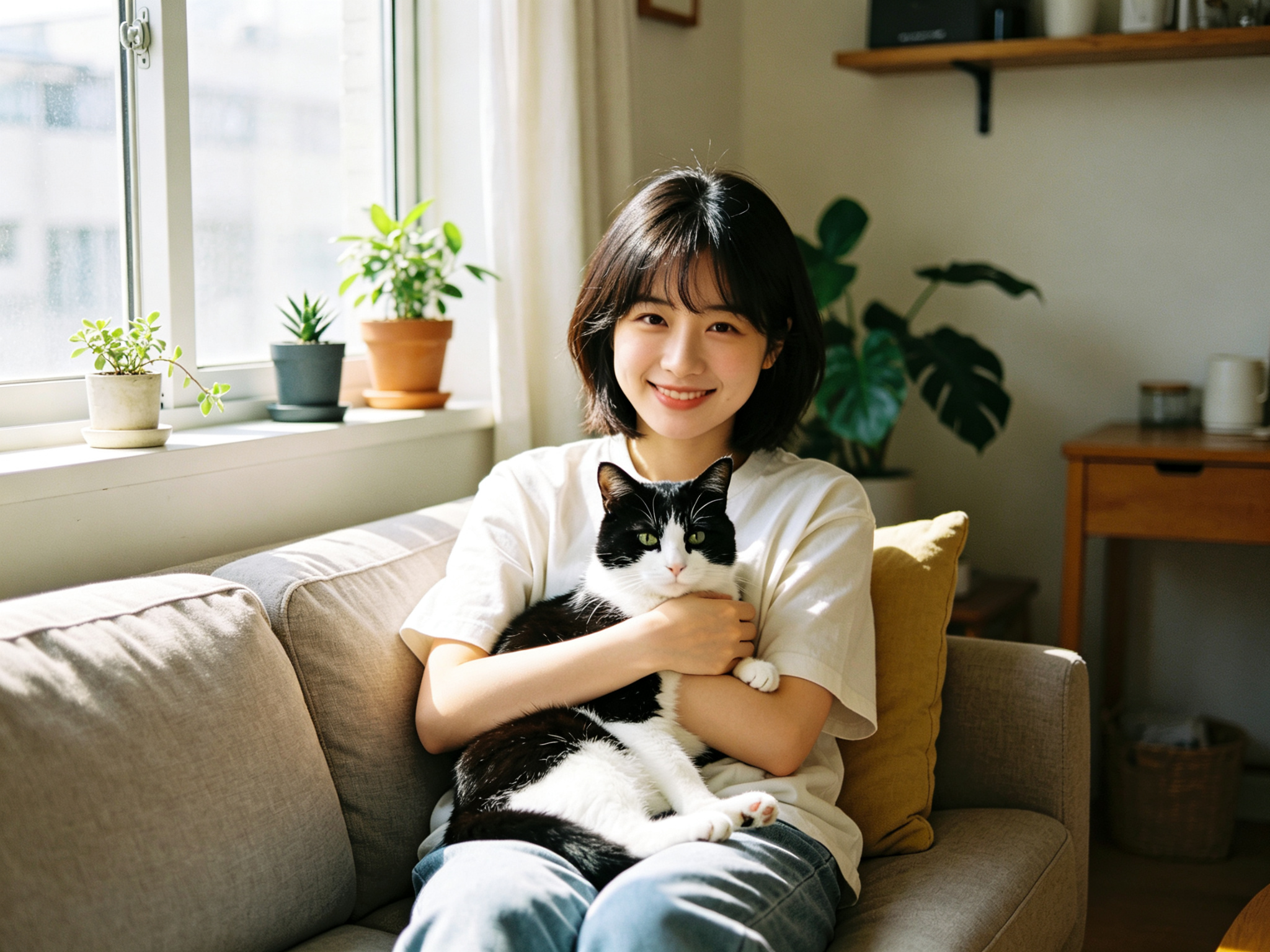 刚工作的林小姐抱着领养的奶牛猫在窗边