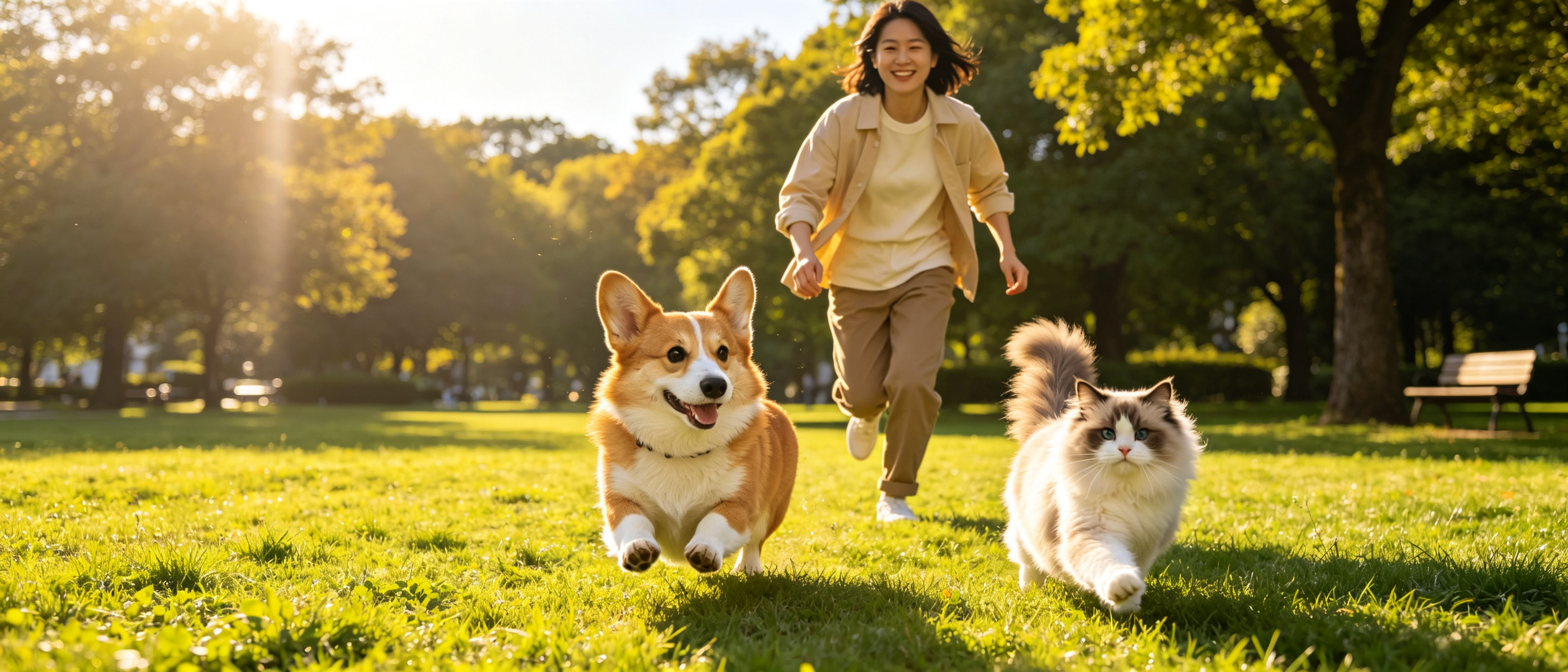 主人在草地上与柯基犬和布偶猫奔跑玩耍