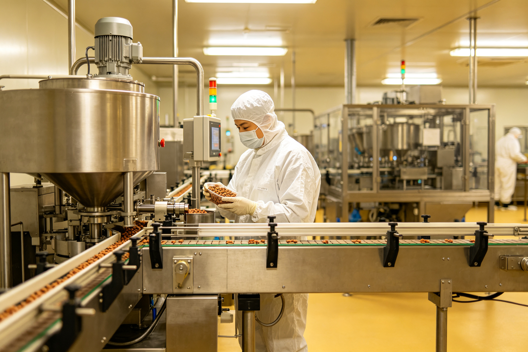 爪伴宠物食品生产车间内工作人员检查包装线