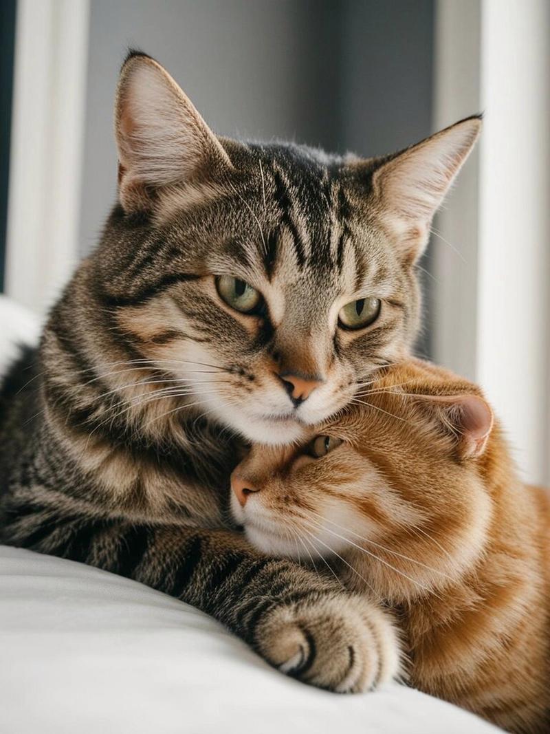 两只在站猫咪依偎在一起
