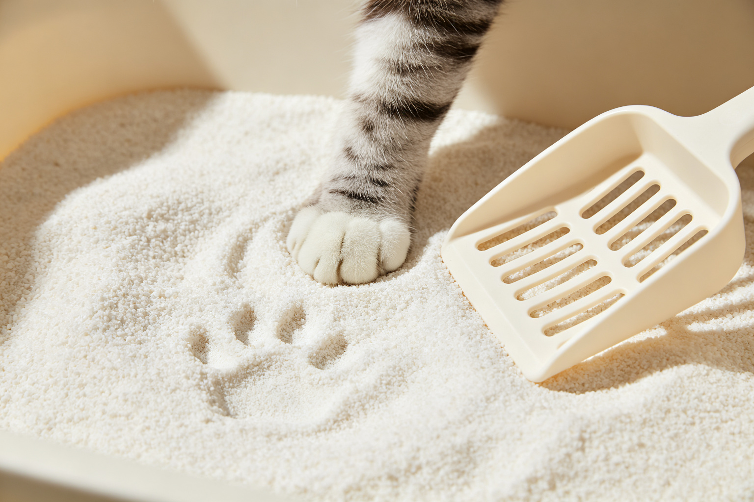 猫咪在洁白猫砂上踩出爪印的品牌故事场景