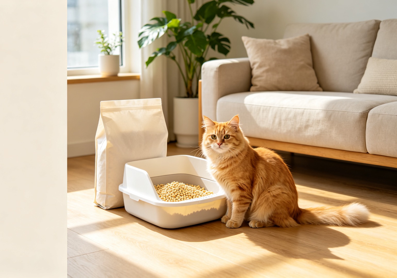 猫咪在喵净猫砂盆旁安心如厕的居家场景