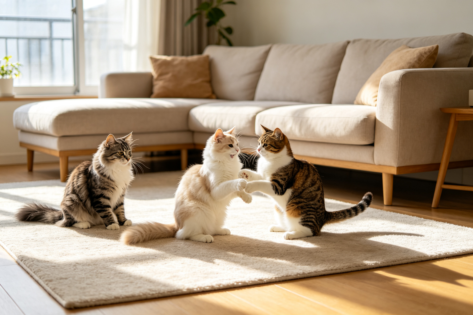 多只猫咪在客厅互动