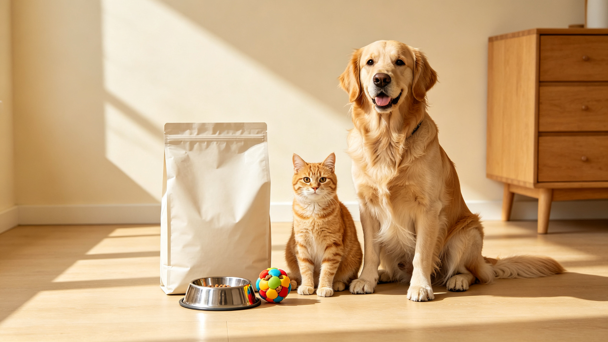 金毛犬与橘猫并肩坐在家中地板上的温馨画面