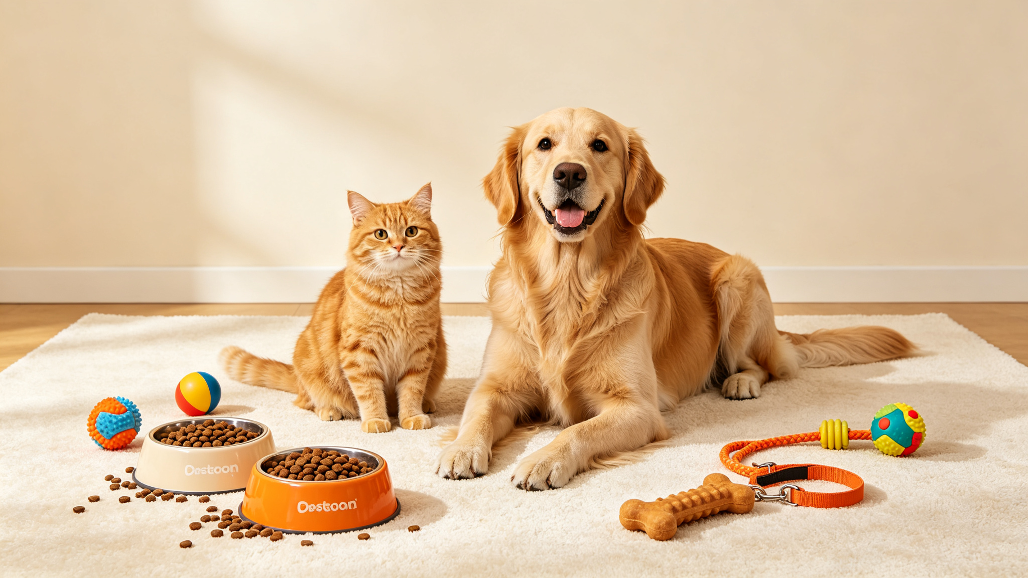 金毛犬与橘猫相伴的温馨居家场景